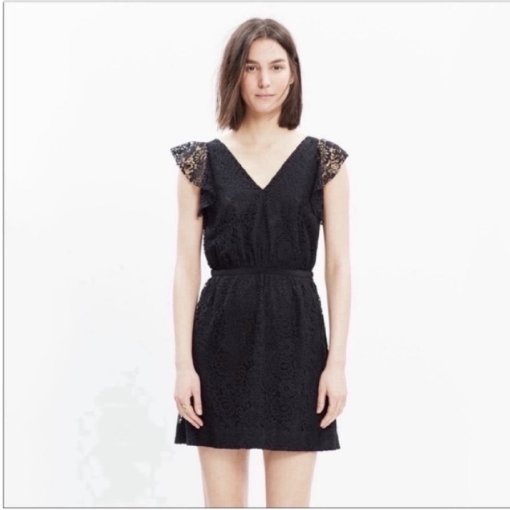 Madewell Flutter Sleeve dress black lace floral v neck mini